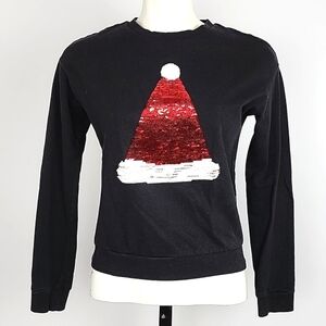 DIVIDED H&M Women Black Christmas Sweatshirt Novelty Red White Sequin Hat Sz XS